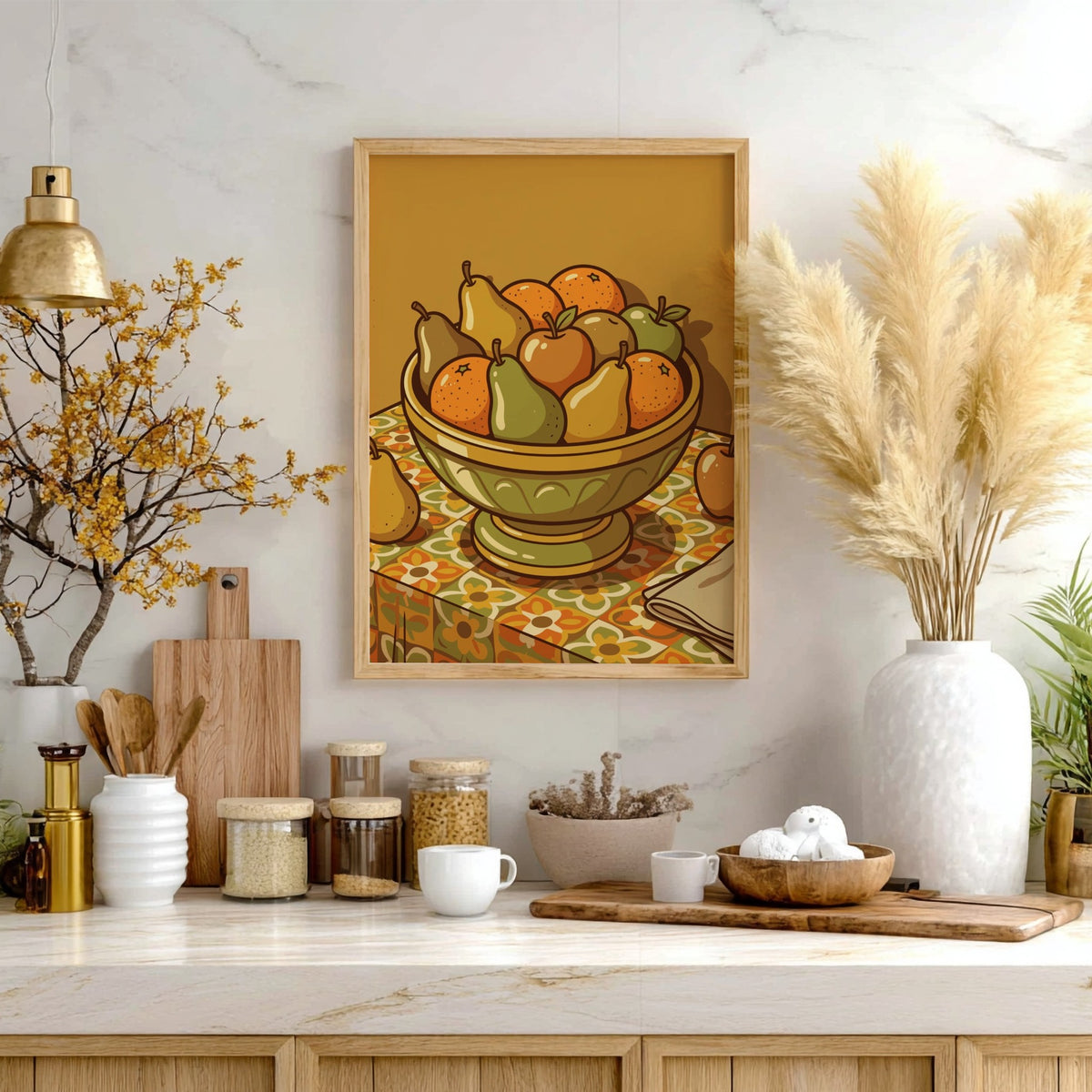 Retro fruit bowl poster featuring oranges and pears in a warm mid-century color palette