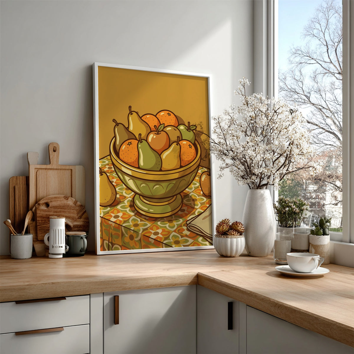 Retro fruit bowl poster featuring oranges and pears in a warm mid-century color palette