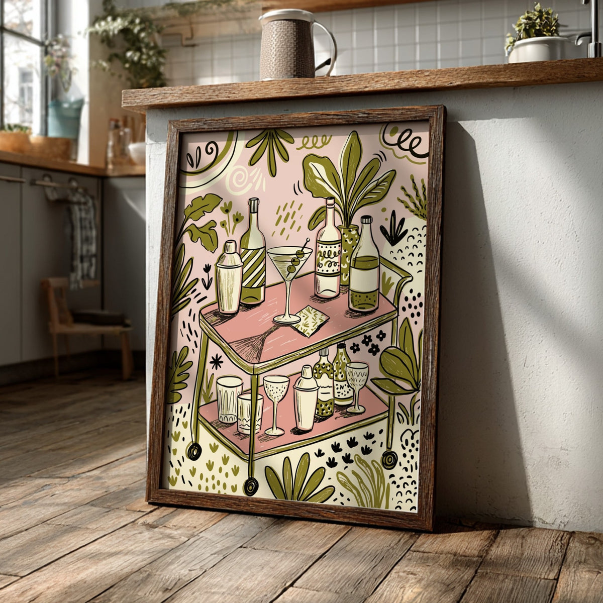 Poster featuring a retro martini bar cart with cocktail glasses in soft green tones.