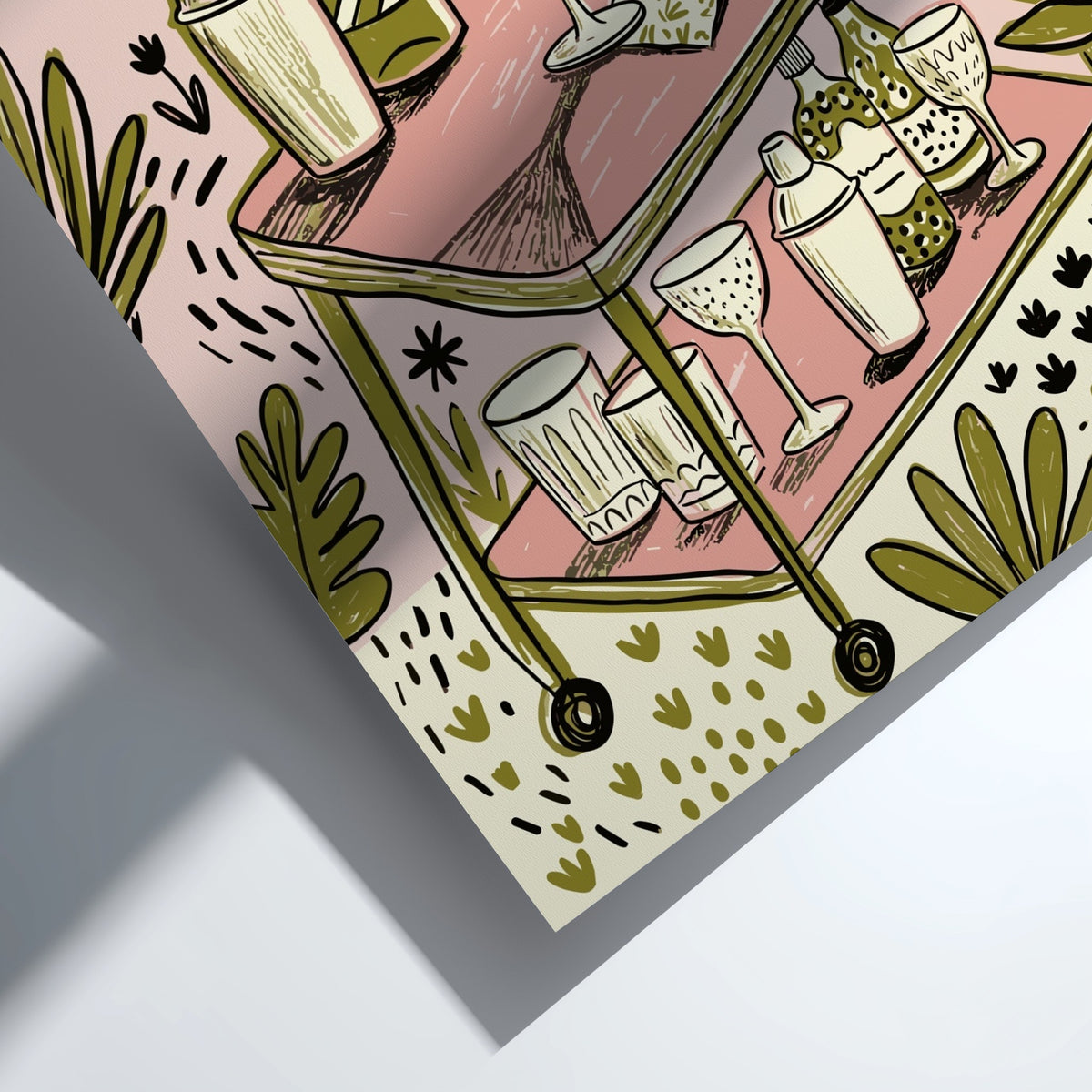 Poster featuring a retro martini bar cart with cocktail glasses in soft green tones.