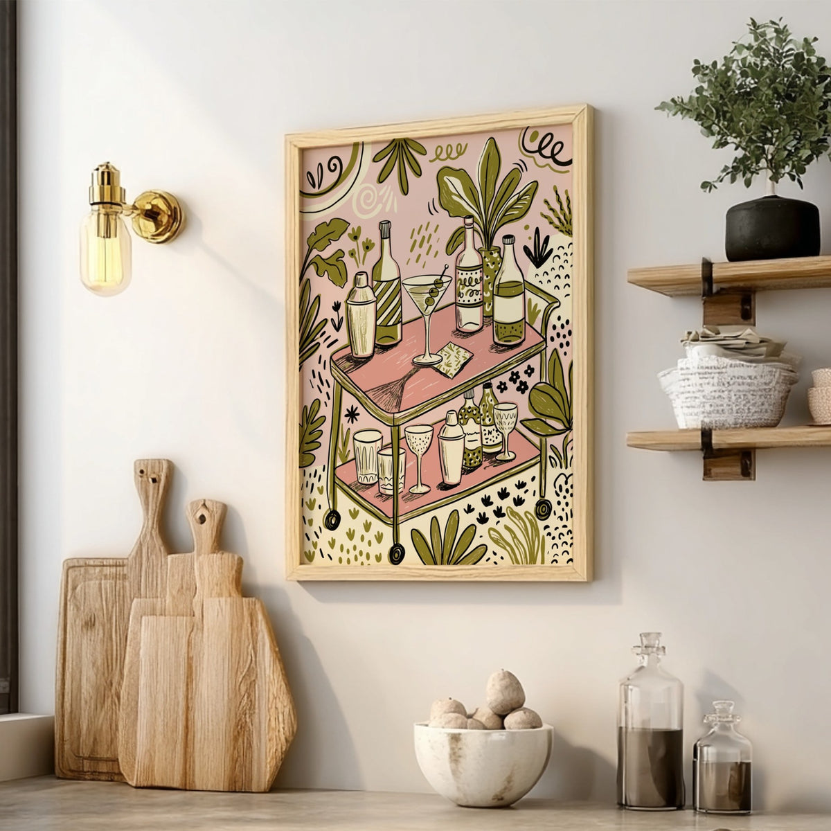 Poster featuring a retro martini bar cart with cocktail glasses in soft green tones.
