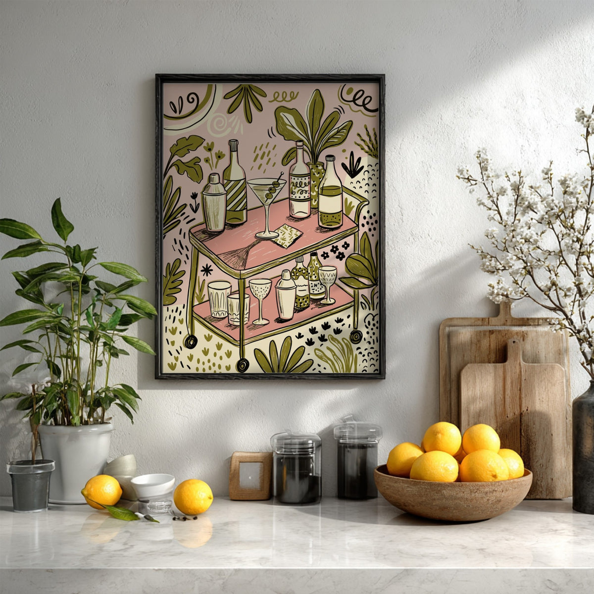 Poster featuring a retro martini bar cart with cocktail glasses in soft green tones.