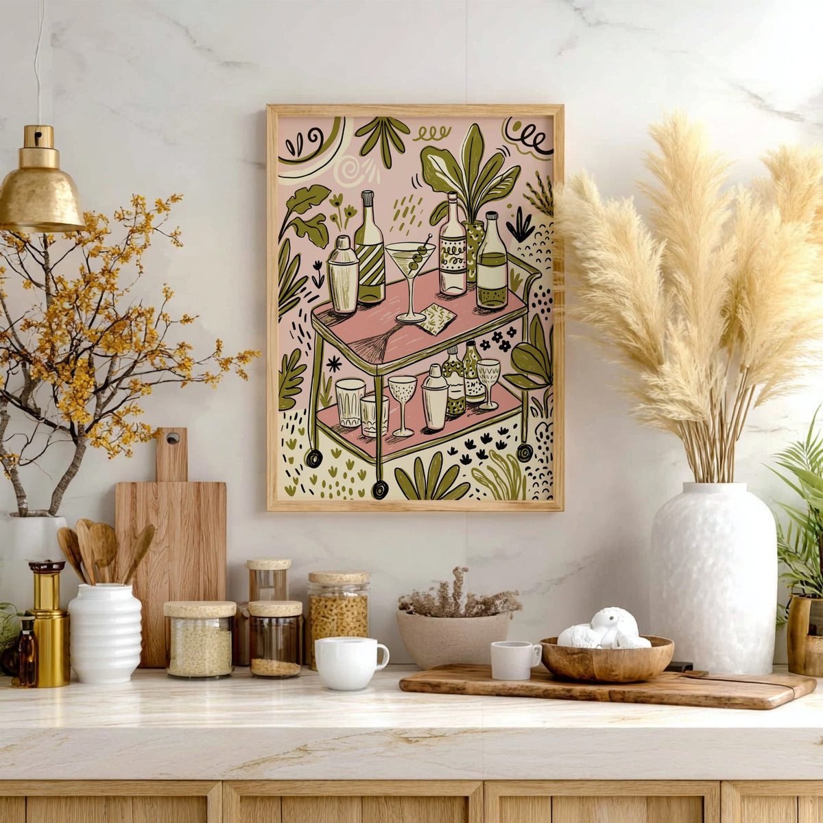 Poster featuring a retro martini bar cart with cocktail glasses in soft green tones.