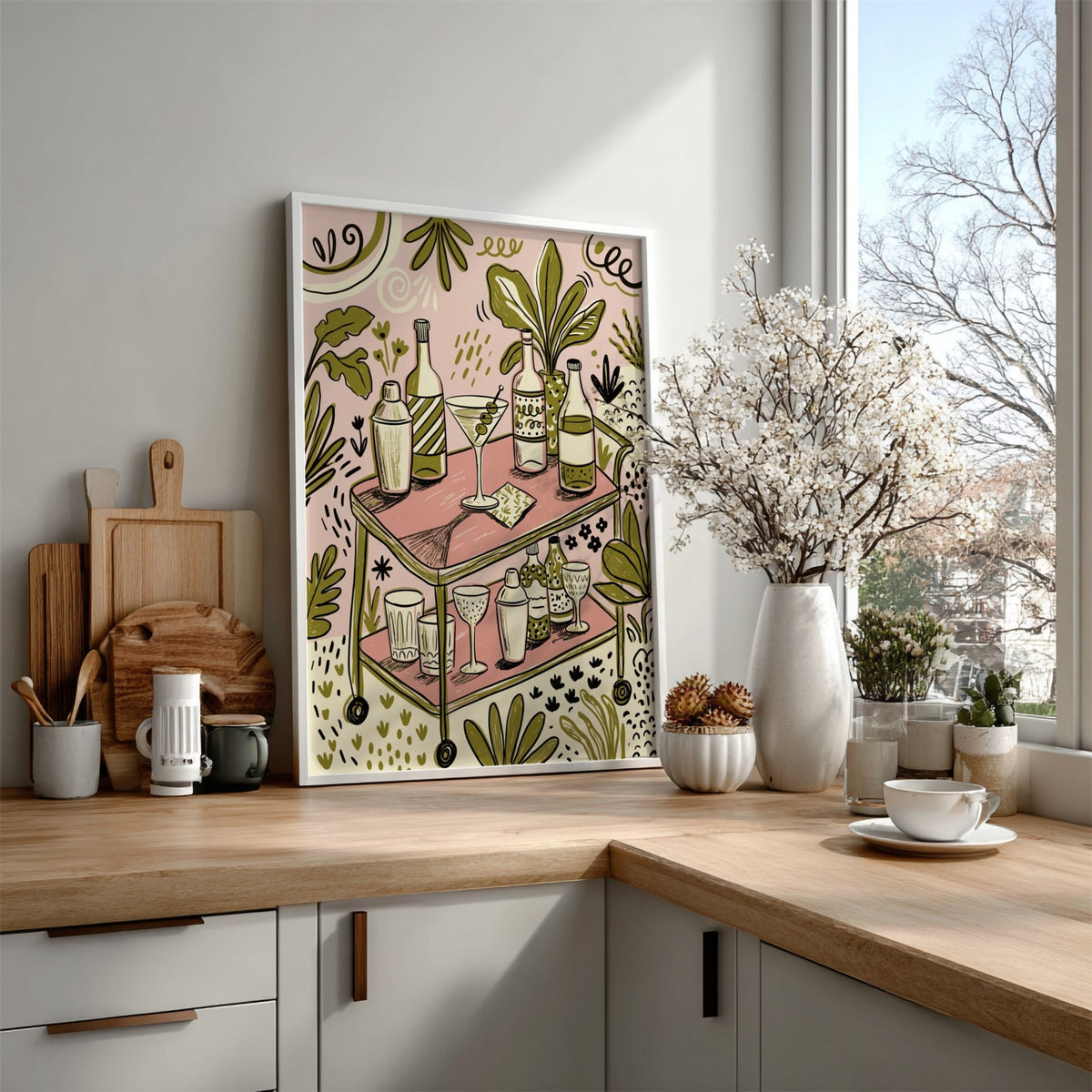 Poster featuring a retro martini bar cart with cocktail glasses in soft green tones.