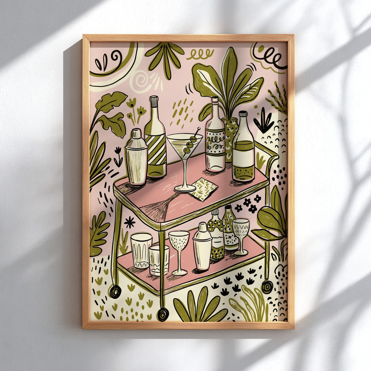Poster featuring a retro martini bar cart with cocktail glasses in soft green tones.