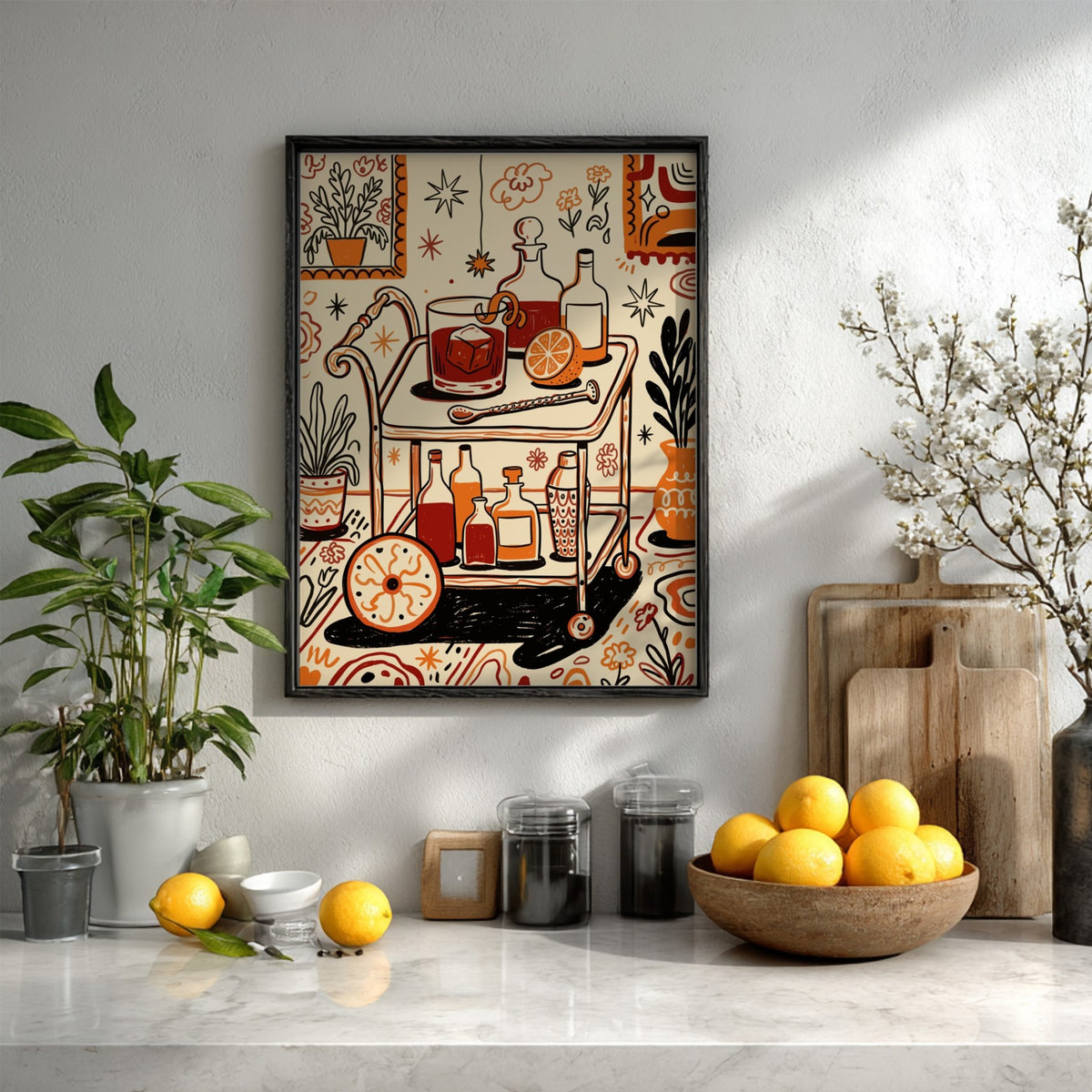 Retro Negroni bar cart poster with orange and cream colors and vintage line art