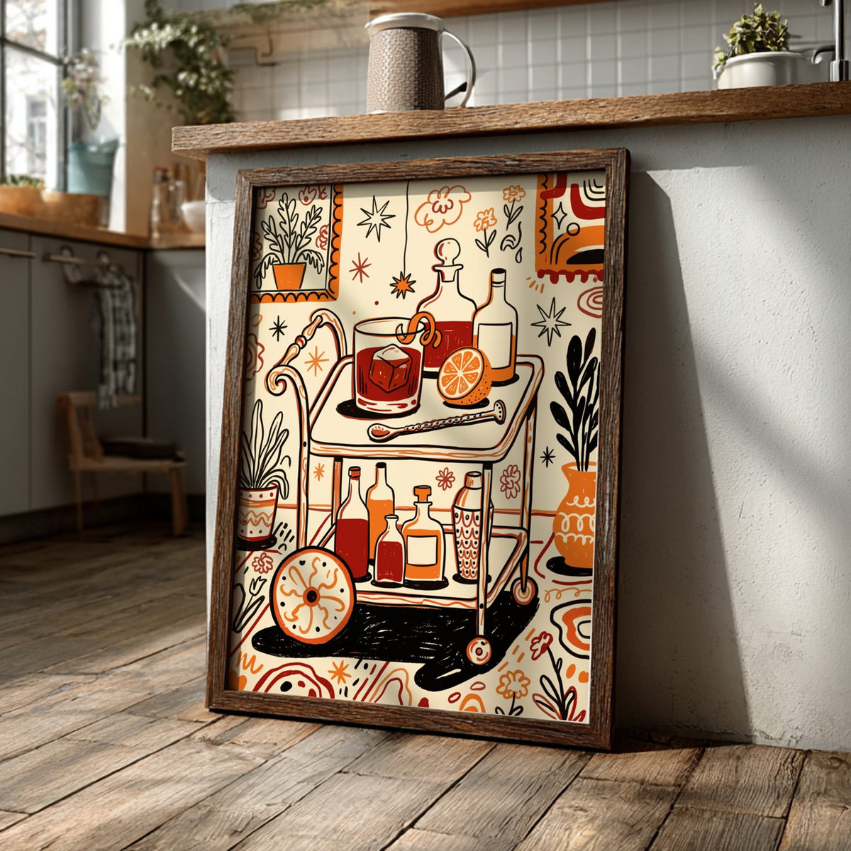Retro Negroni bar cart poster with orange and cream colors and vintage line art