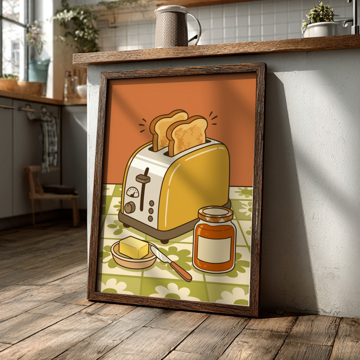 Poster featuring a retro yellow toaster with toast, butter, and jam on a floral tile background.