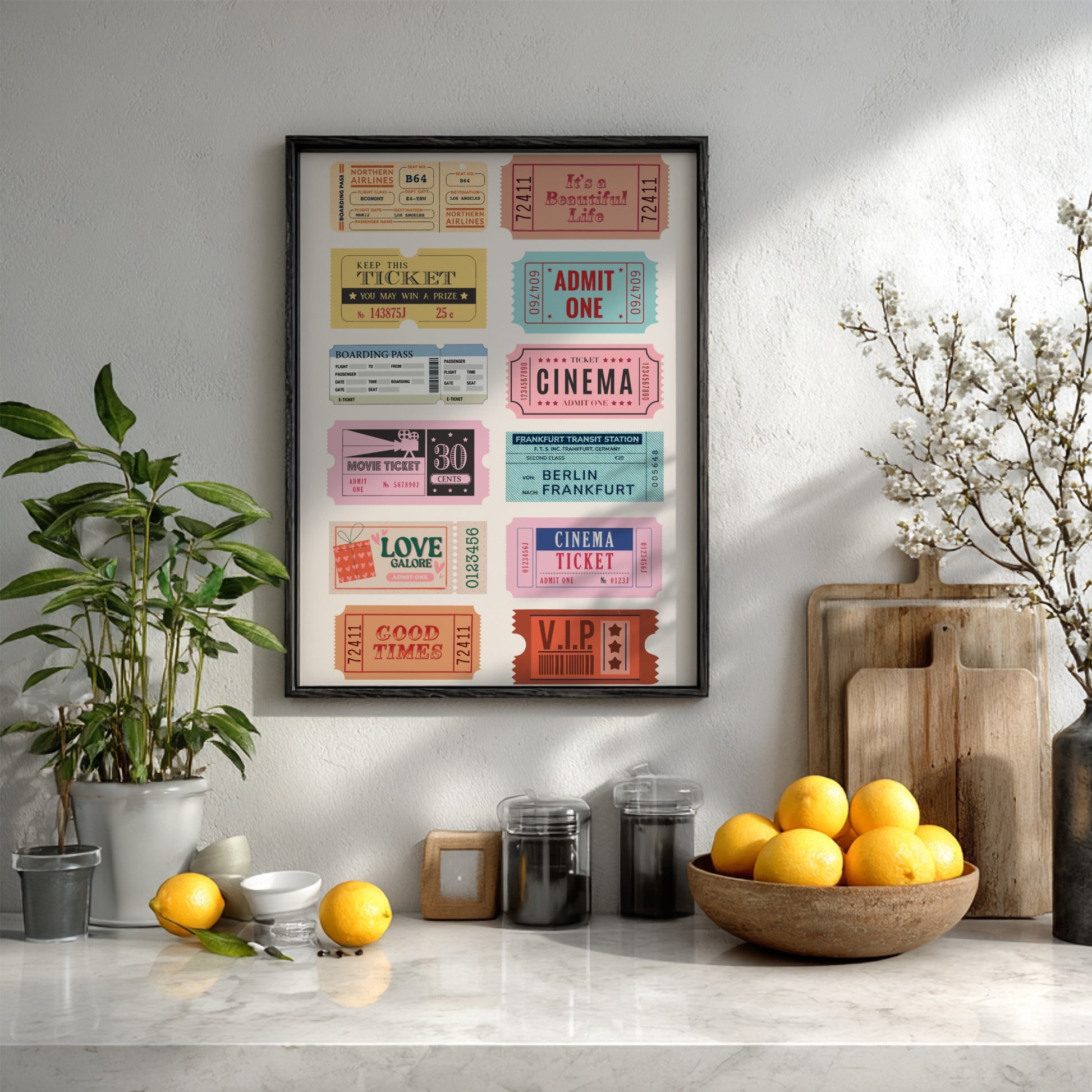 Vintage Cinematography Modern Art - The Retro Cinema Tickets Wall Print