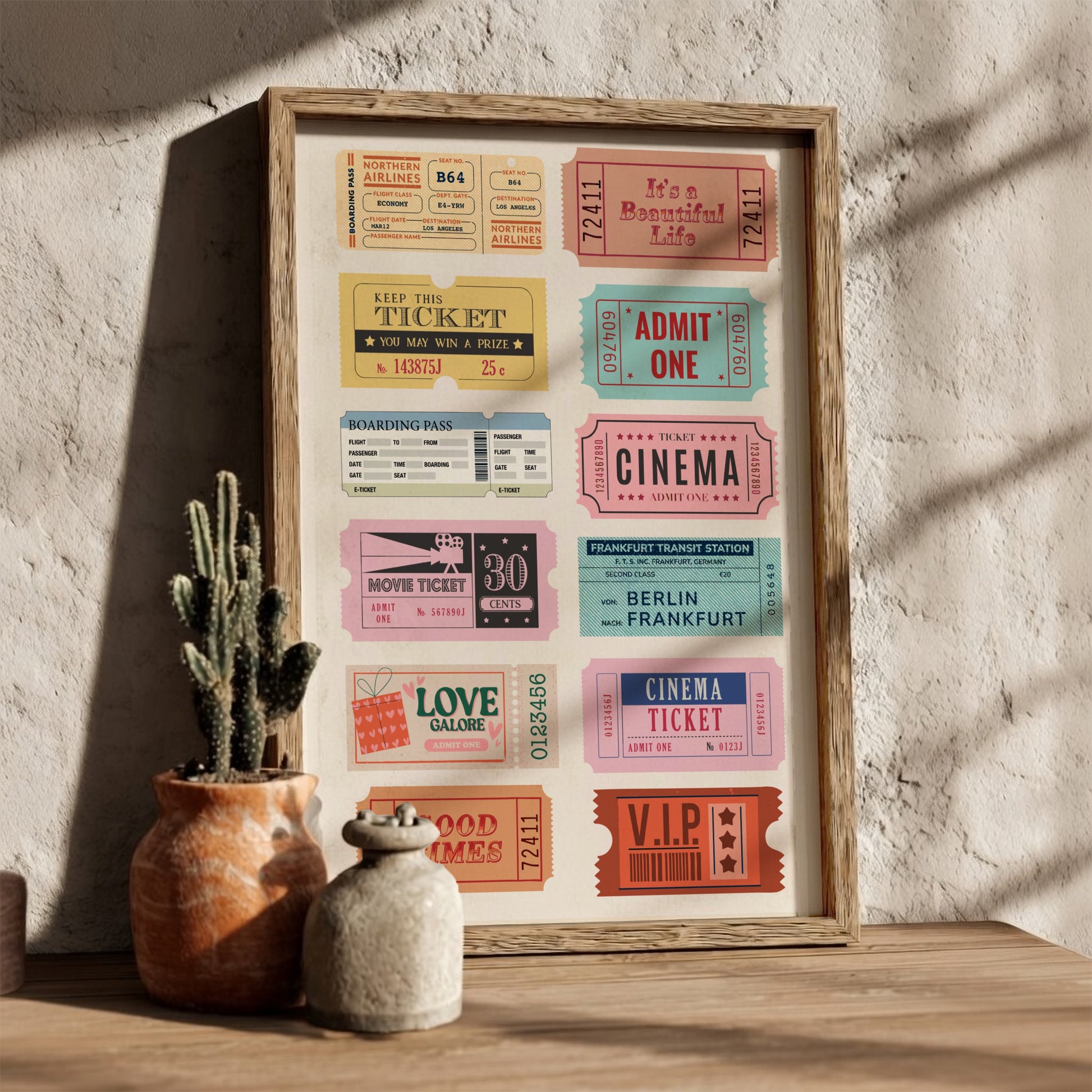 Vintage Cinematography Modern Art - The Retro Cinema Tickets Wall Print