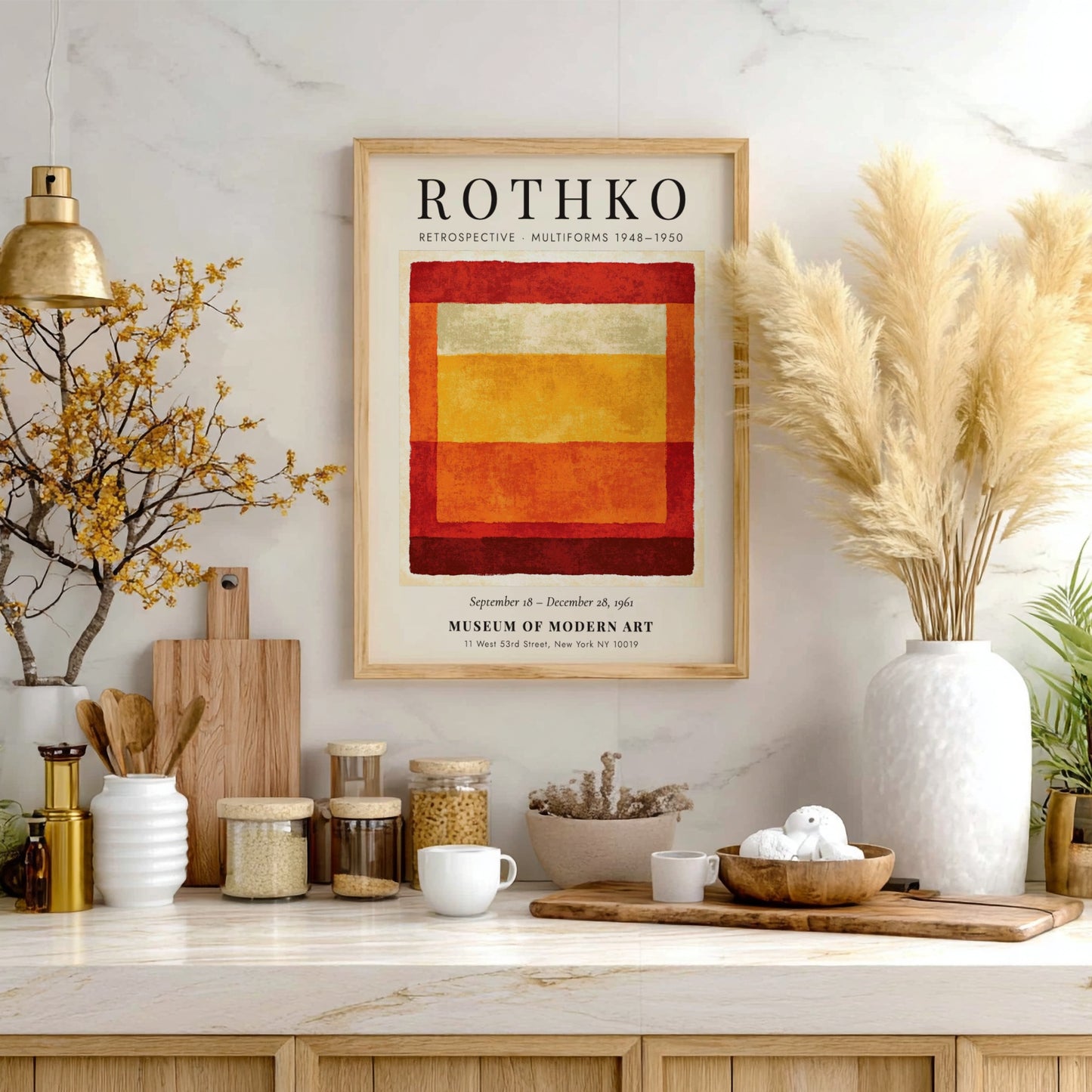 Wall art poster featuring Mark Rothko Retrospective Multiforms text with layered red orange blocks