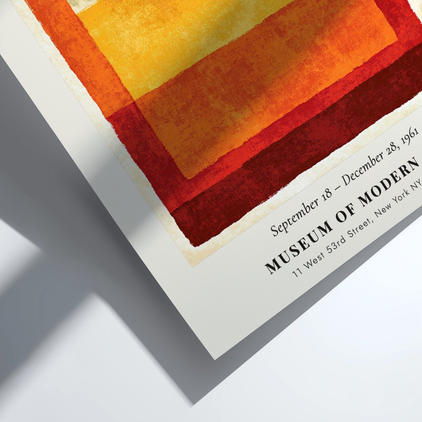 Wall art poster featuring Mark Rothko Retrospective Multiforms text with layered red orange blocks