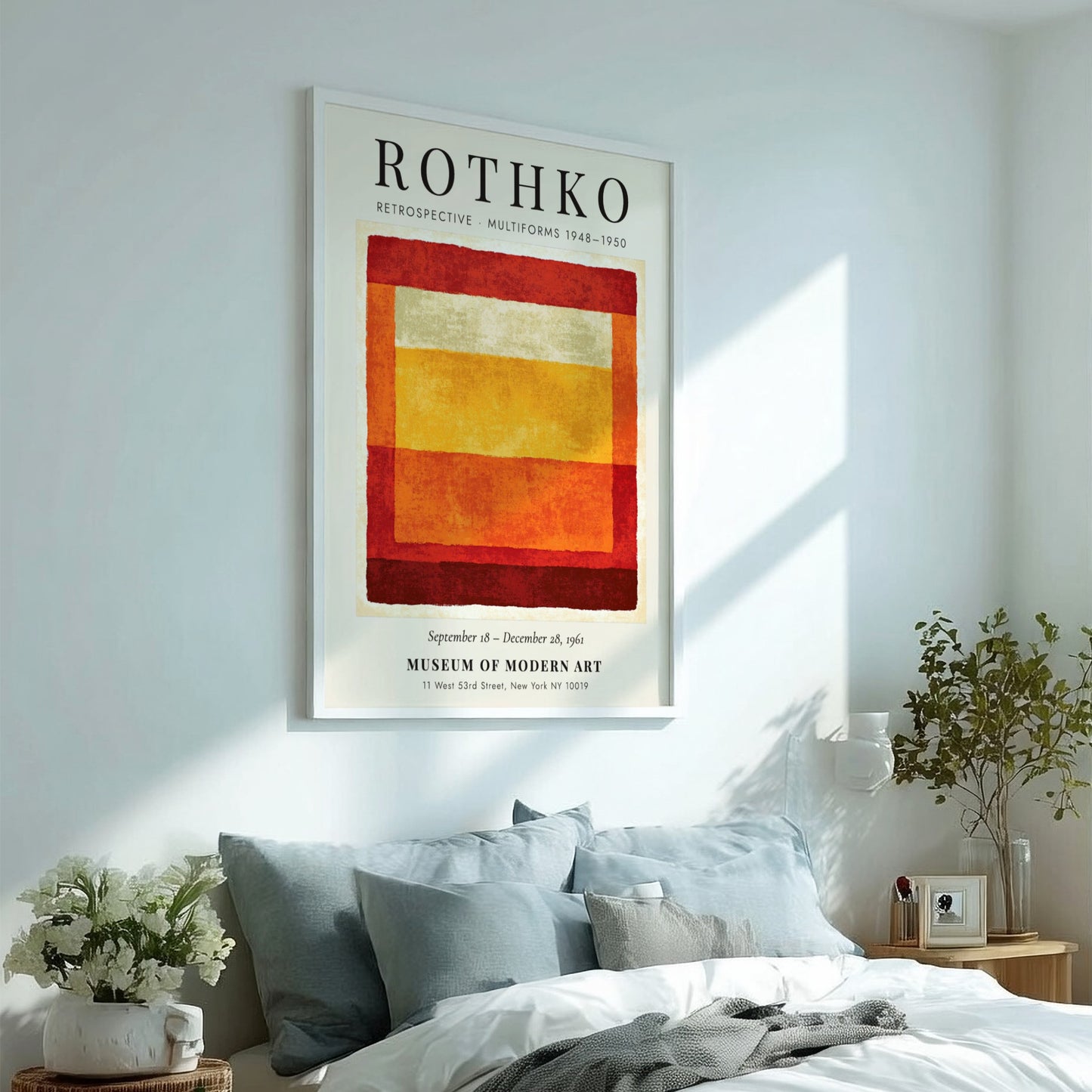 Wall art poster featuring Mark Rothko Retrospective Multiforms text with layered red orange blocks
