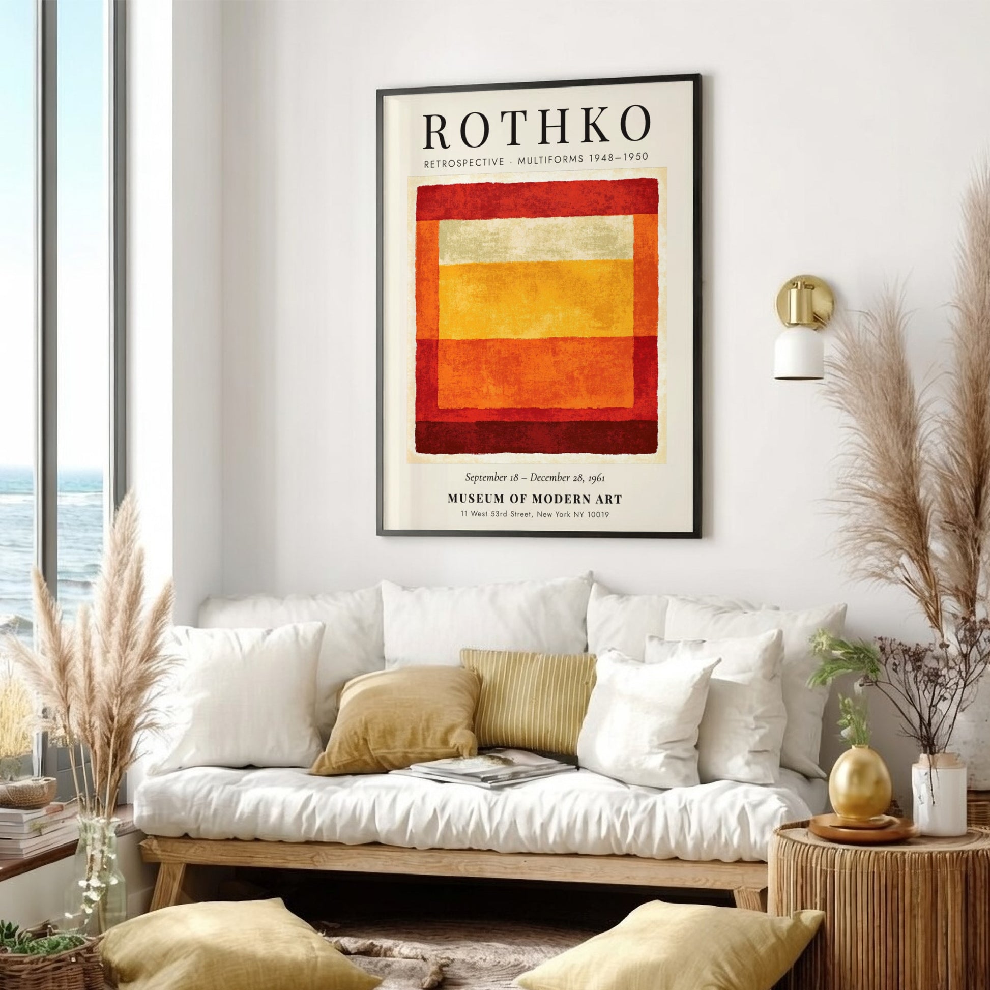 Wall art poster featuring Mark Rothko Retrospective Multiforms text with layered red orange blocks