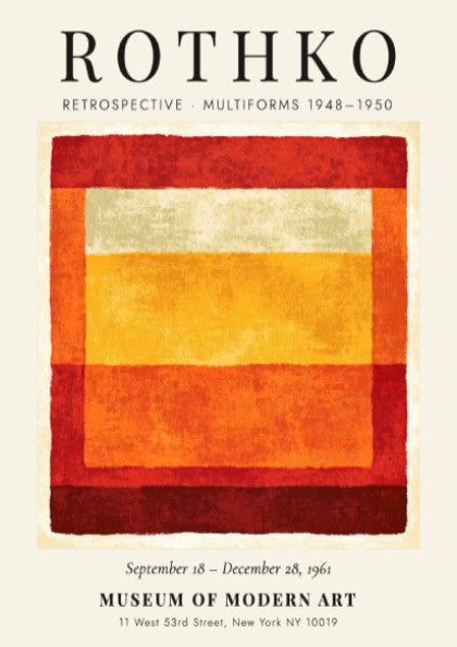 Wall art poster featuring Mark Rothko Retrospective Multiforms text with layered red orange blocks