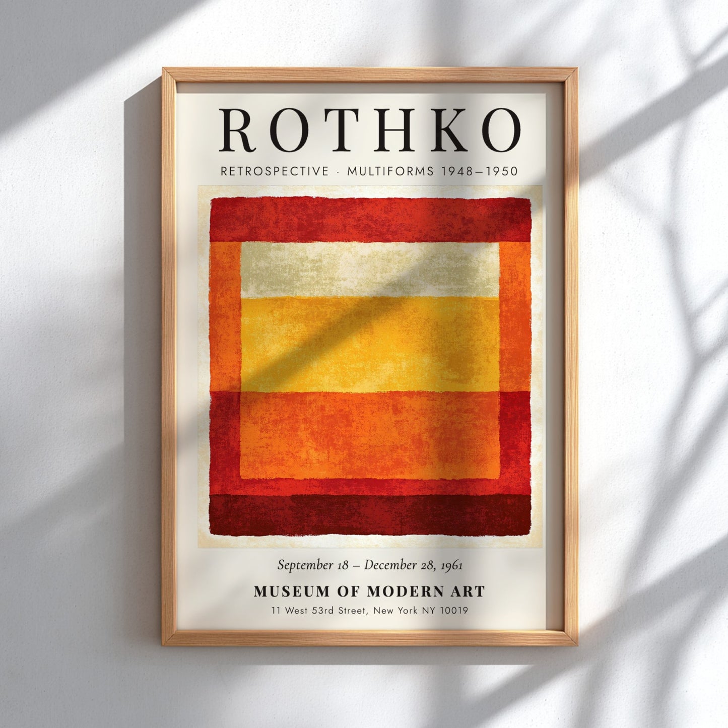 Wall art poster featuring Mark Rothko Retrospective Multiforms text with layered red orange blocks