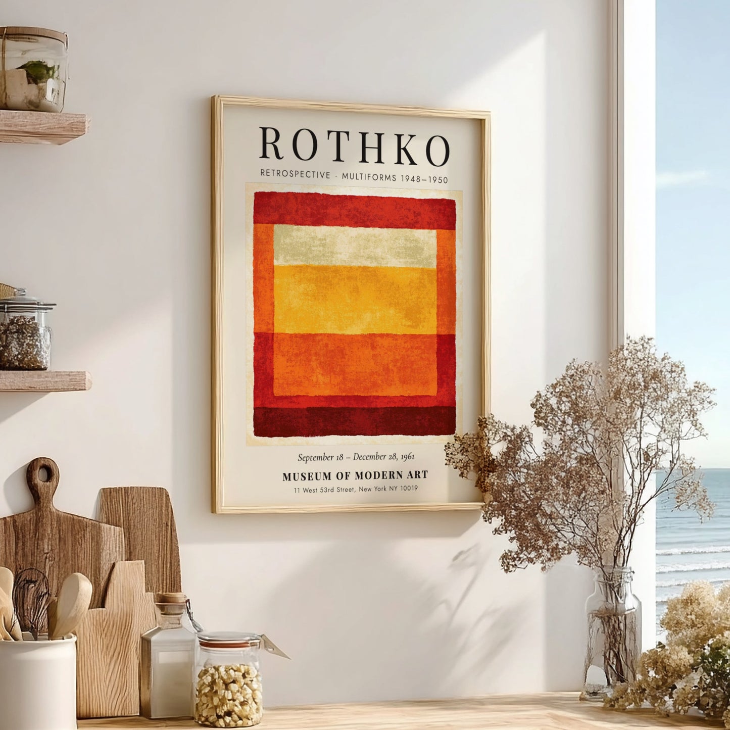 Wall art poster featuring Mark Rothko Retrospective Multiforms text with layered red orange blocks