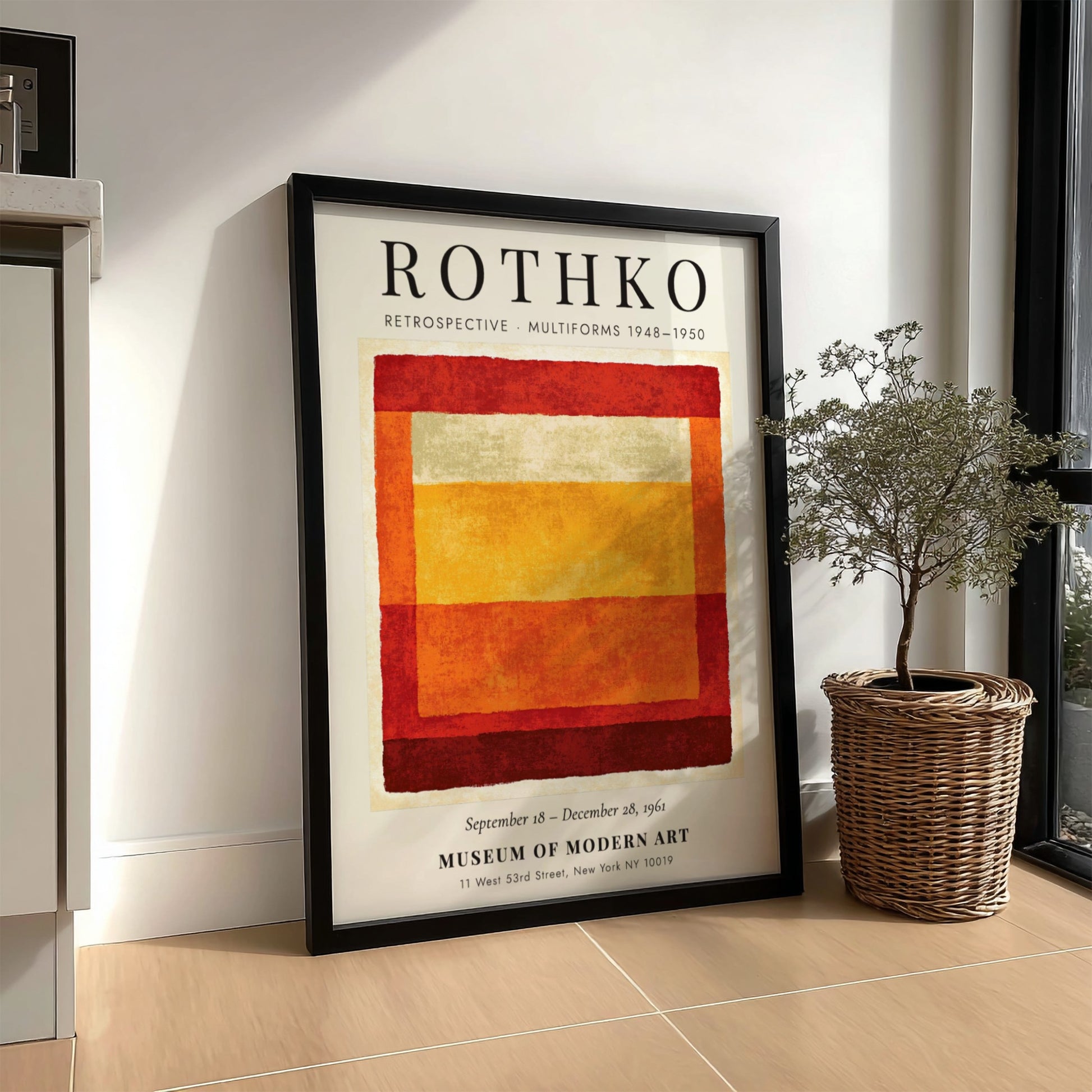 Wall art poster featuring Mark Rothko Retrospective Multiforms text with layered red orange blocks