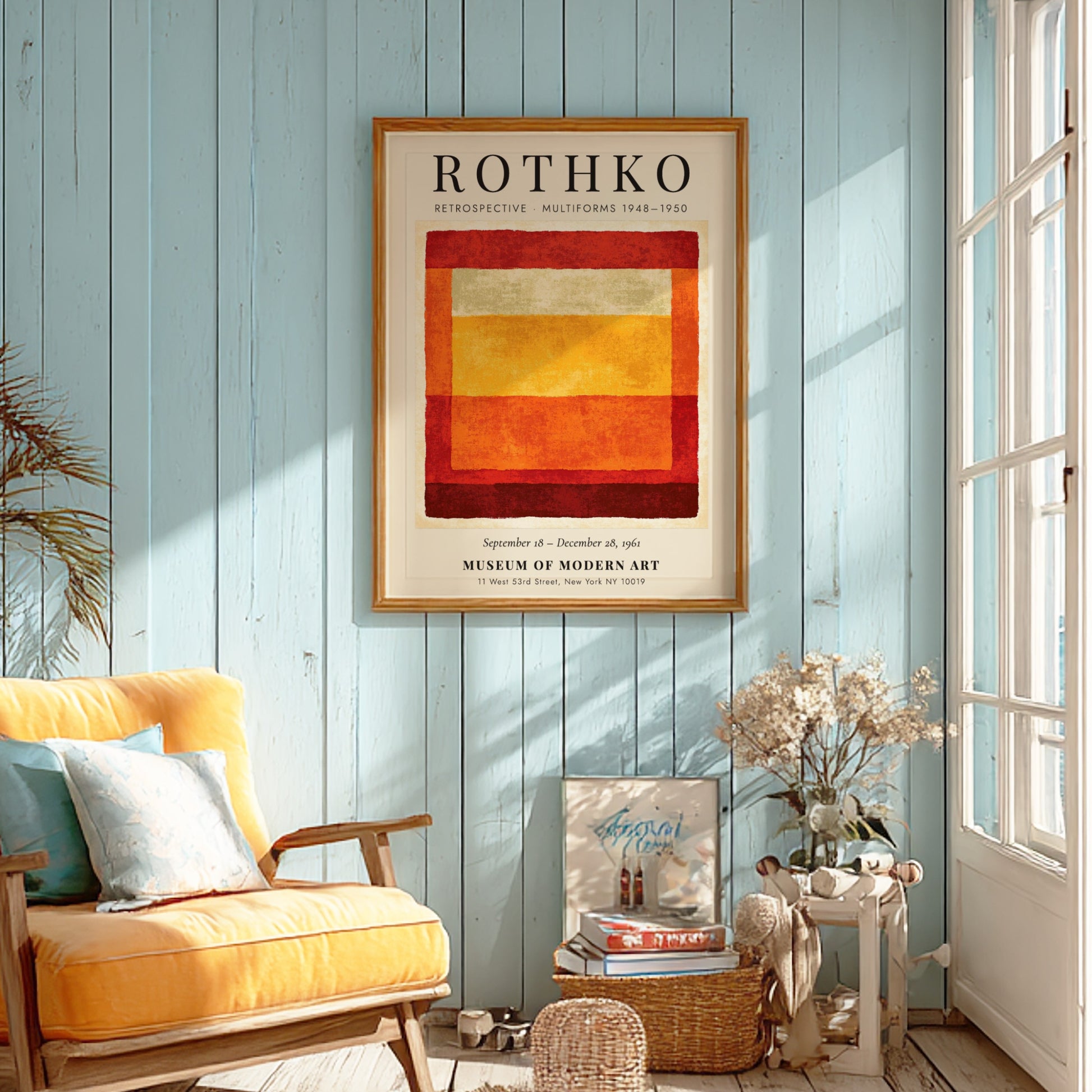 Wall art poster featuring Mark Rothko Retrospective Multiforms text with layered red orange blocks