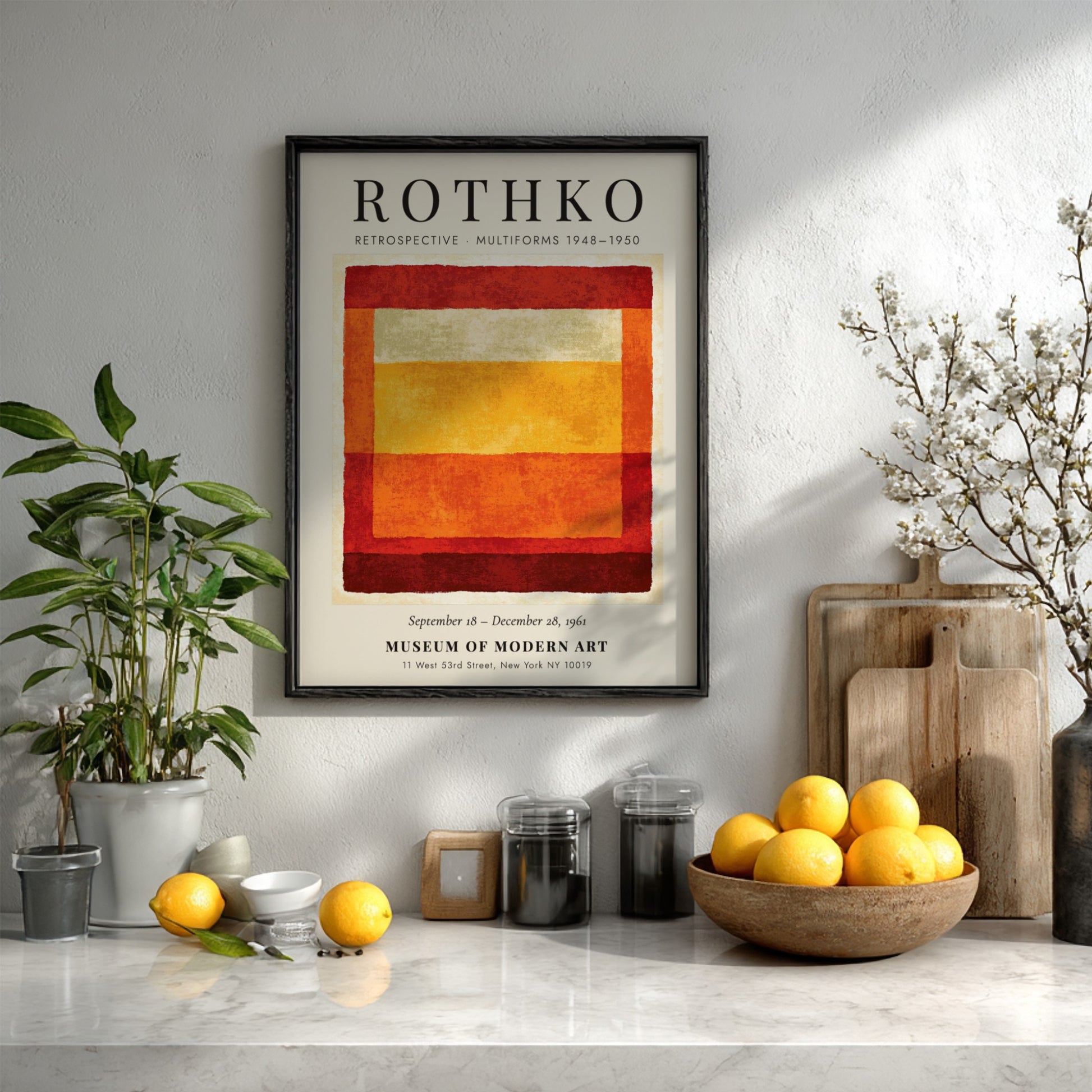 Wall art poster featuring Mark Rothko Retrospective Multiforms text with layered red orange blocks