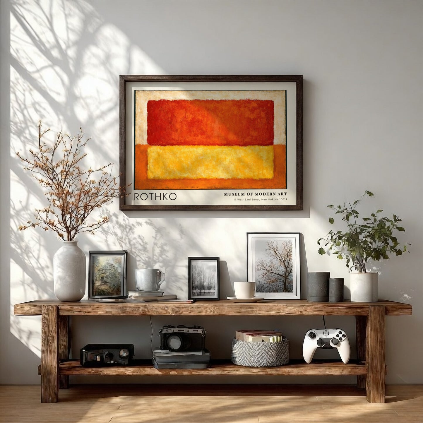 Wall art poster featuring Mark Rothko Retrospective Multiforms with warm red and yellow blocks.