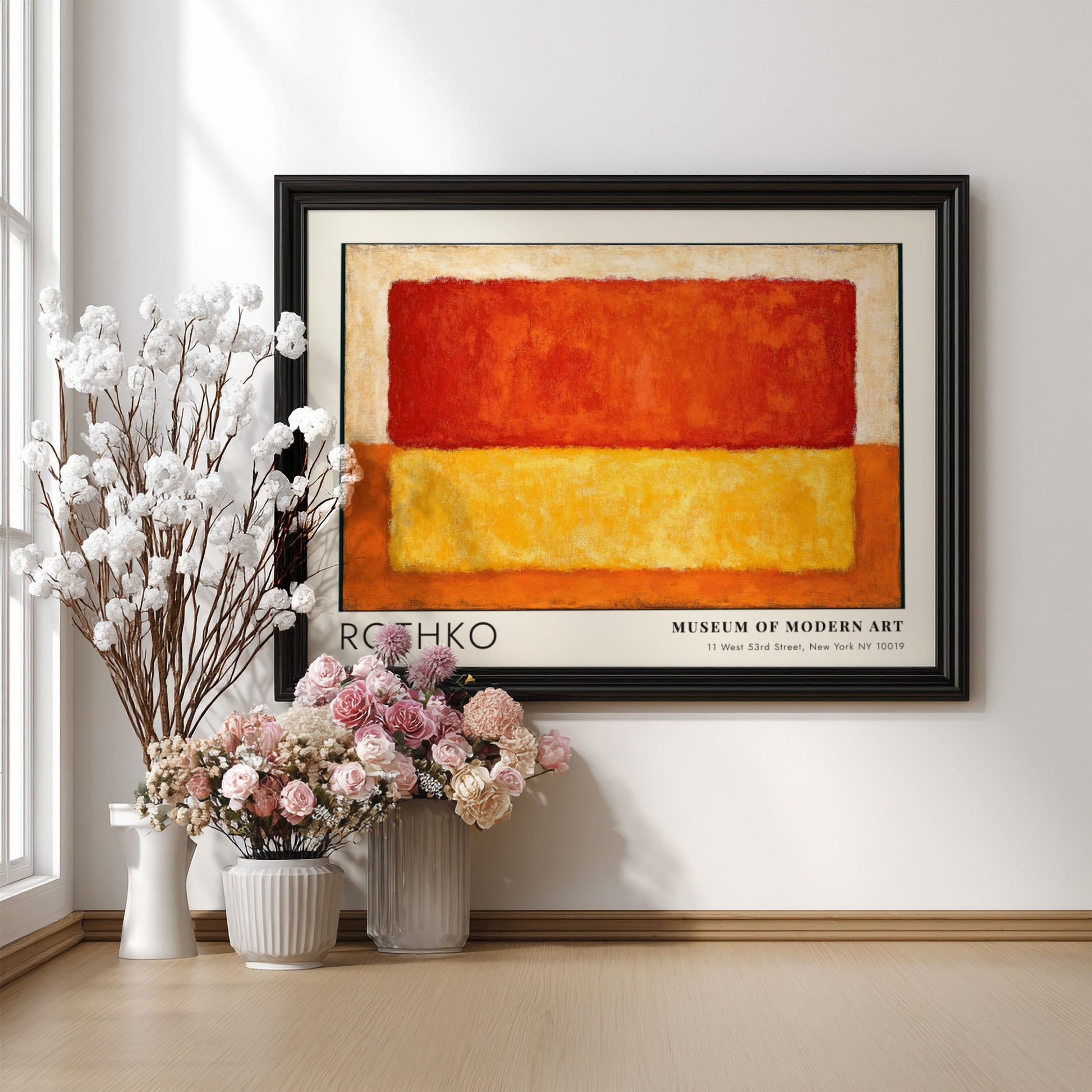 Wall art poster featuring Mark Rothko Retrospective Multiforms with warm red and yellow blocks.