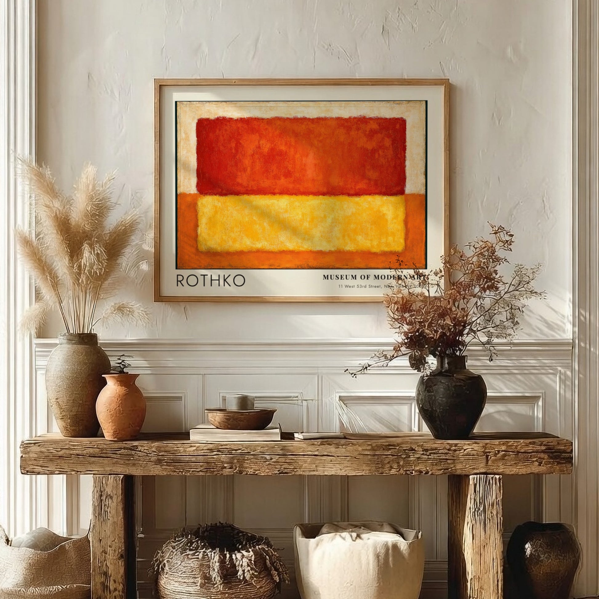 Wall art poster featuring Mark Rothko Retrospective Multiforms with warm red and yellow blocks.