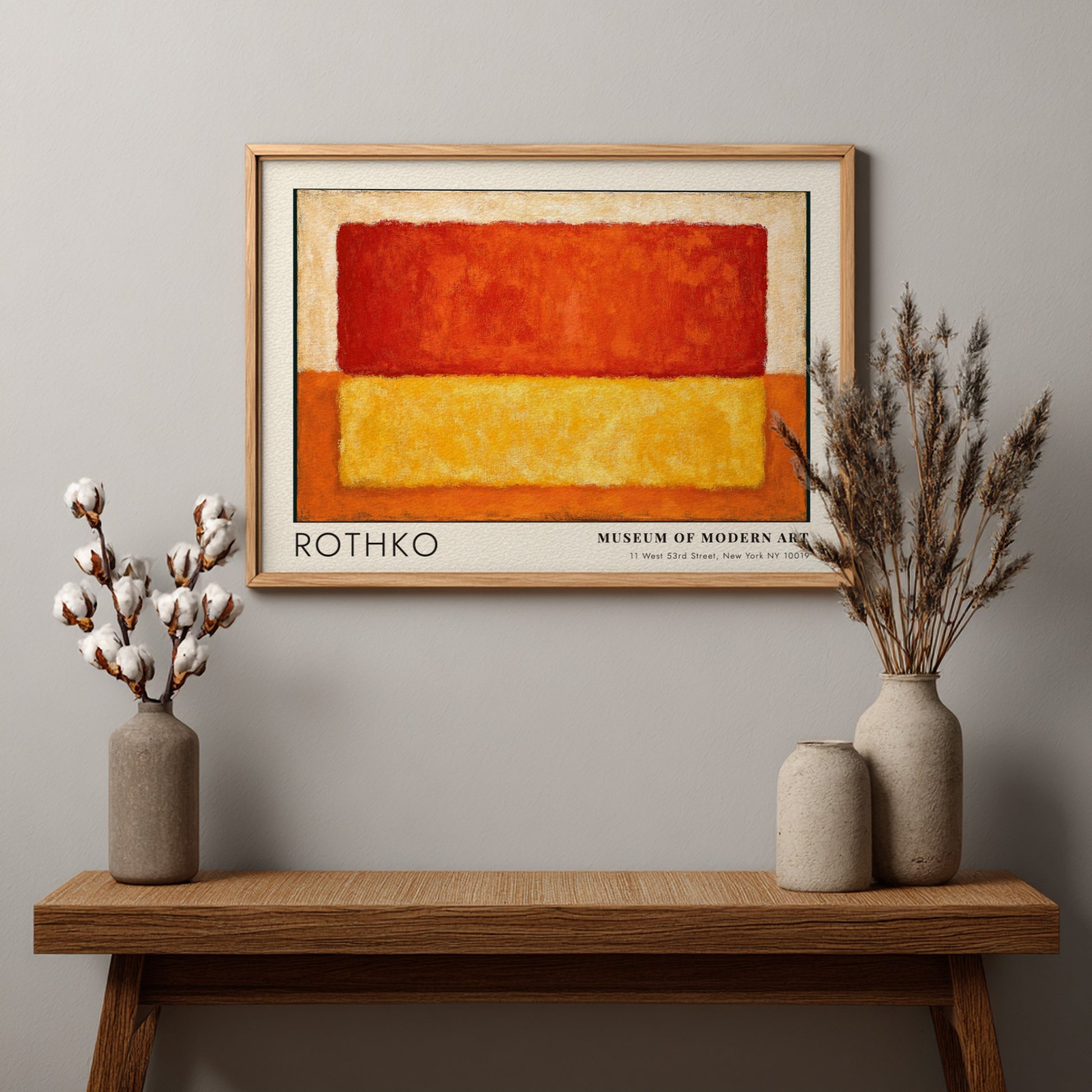 Wall art poster featuring Mark Rothko Retrospective Multiforms with warm red and yellow blocks.