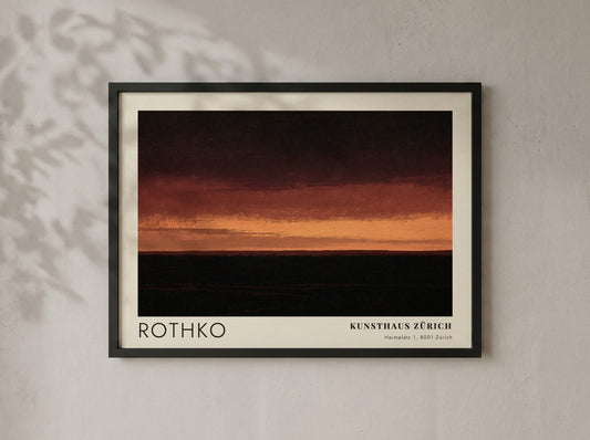 Wall art poster featuring a Mark Rothko abstract landscape with dark charcoal and orange.