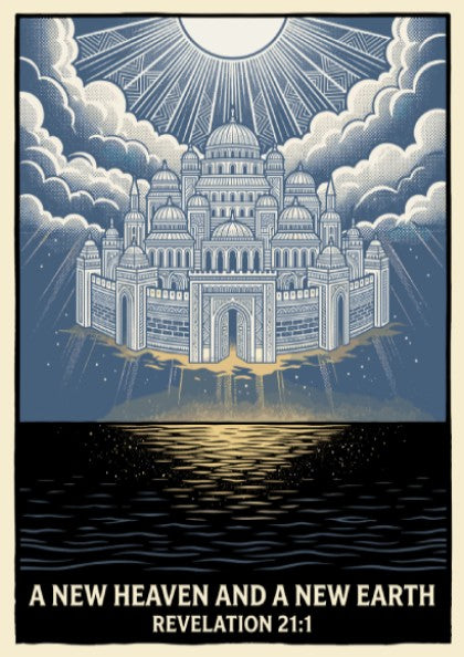 Poster featuring a celestial city descending from clouds above dark water with golden light.