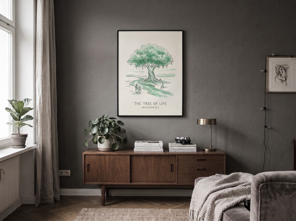 Poster featuring a soft green illustration of the Tree of Life with flowing river.