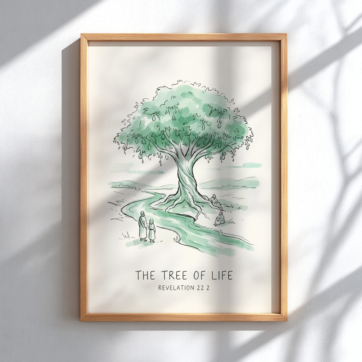 Poster featuring a soft green illustration of the Tree of Life with flowing river.