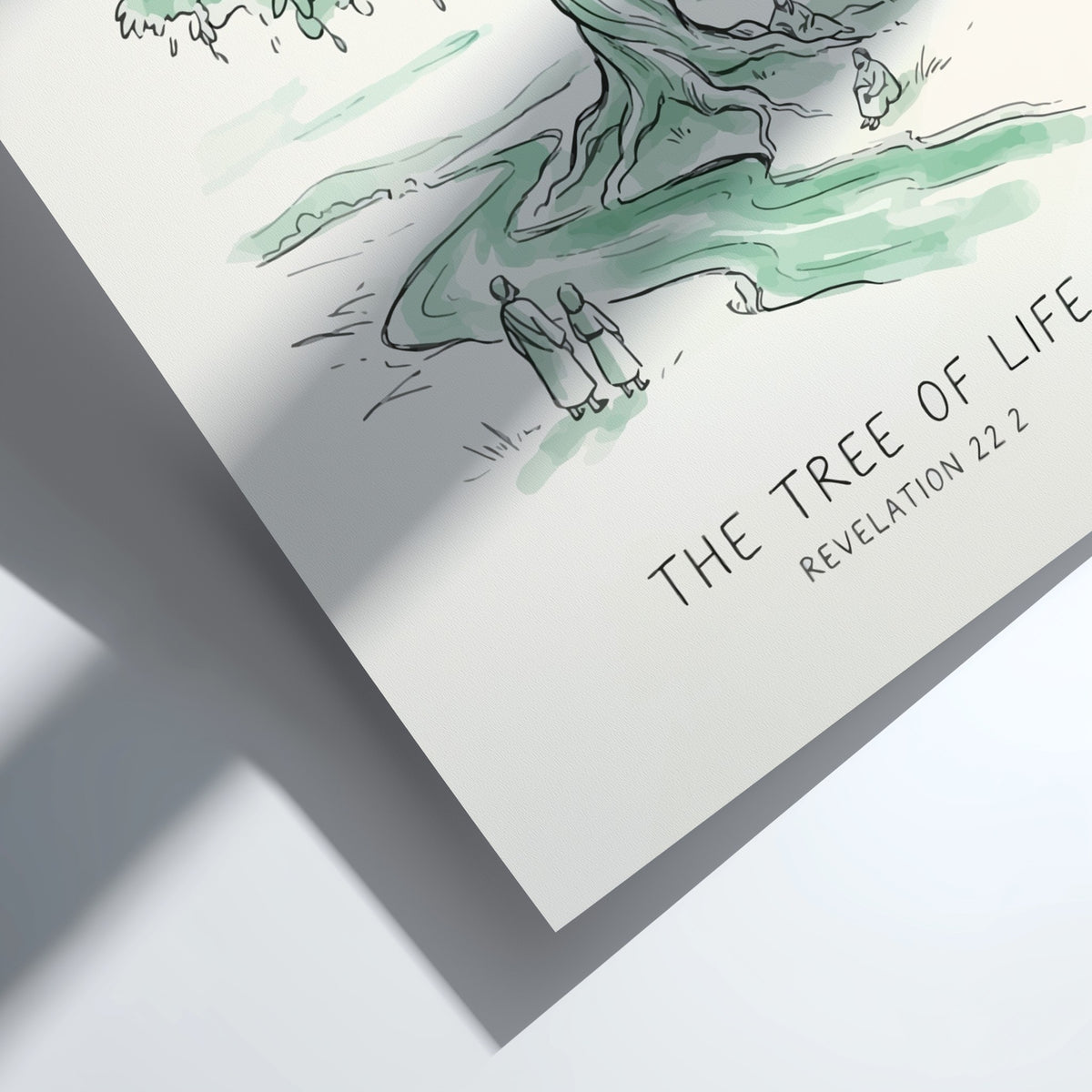 Poster featuring a soft green illustration of the Tree of Life with flowing river.