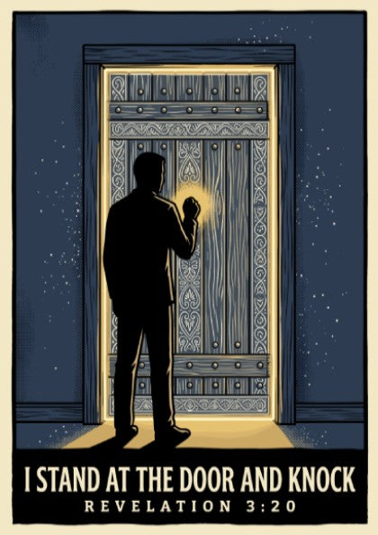 Poster of a silhouette knocking on an ornate wooden door with warm light