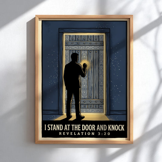 Poster of a silhouette knocking on an ornate wooden door with warm light