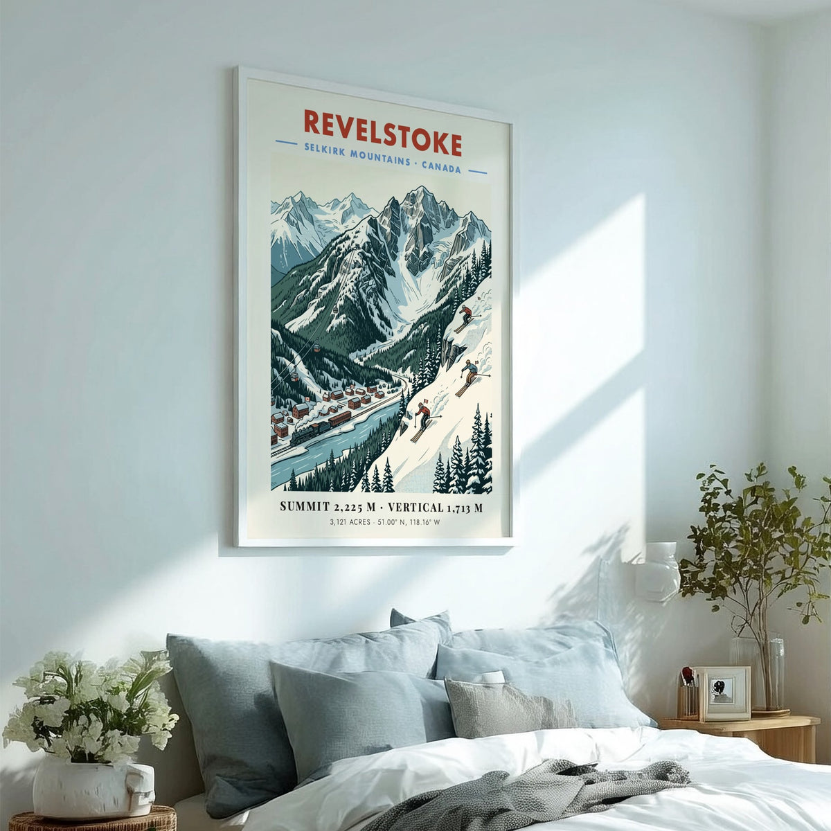 Poster of Revelstoke in the Selkirk Mountains showing a vintage train and skiers