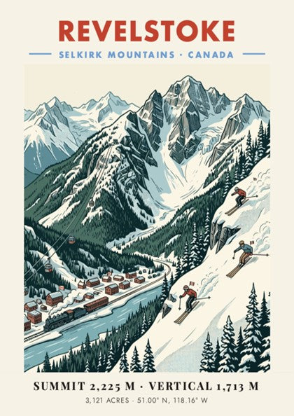 Poster of Revelstoke in the Selkirk Mountains showing a vintage train and skiers