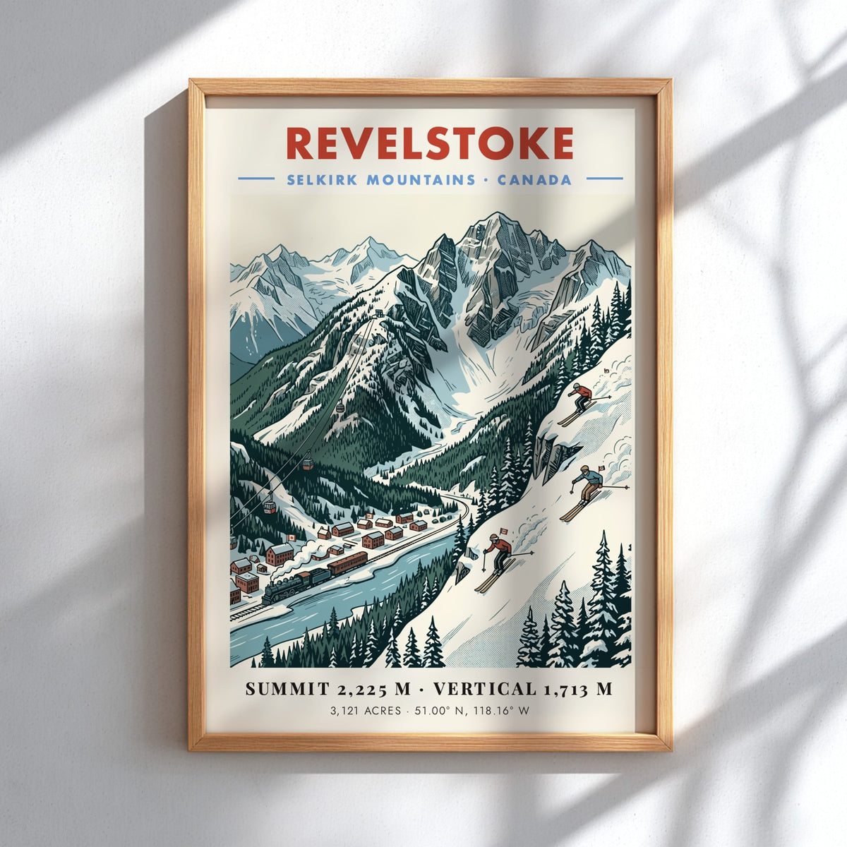Poster of Revelstoke in the Selkirk Mountains showing a vintage train and skiers