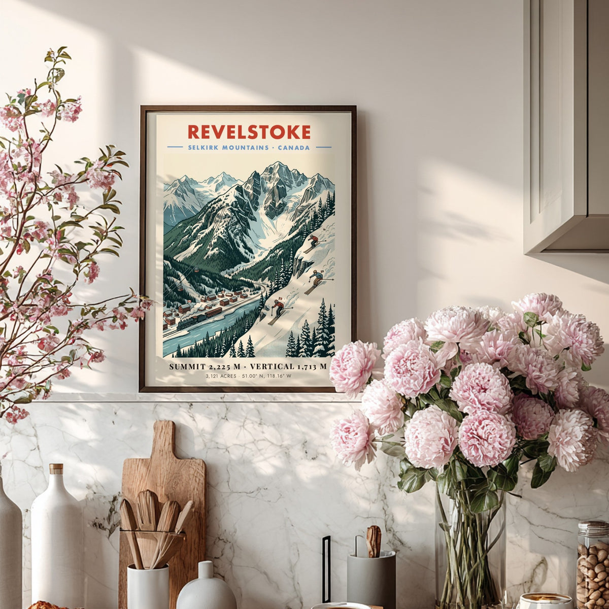 Poster of Revelstoke in the Selkirk Mountains showing a vintage train and skiers