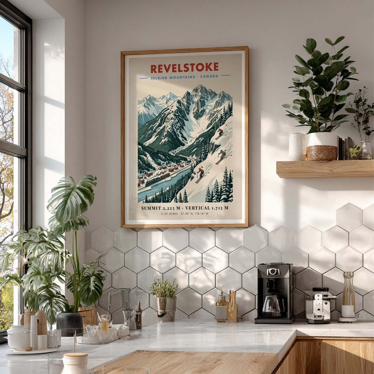 Poster of Revelstoke in the Selkirk Mountains showing a vintage train and skiers