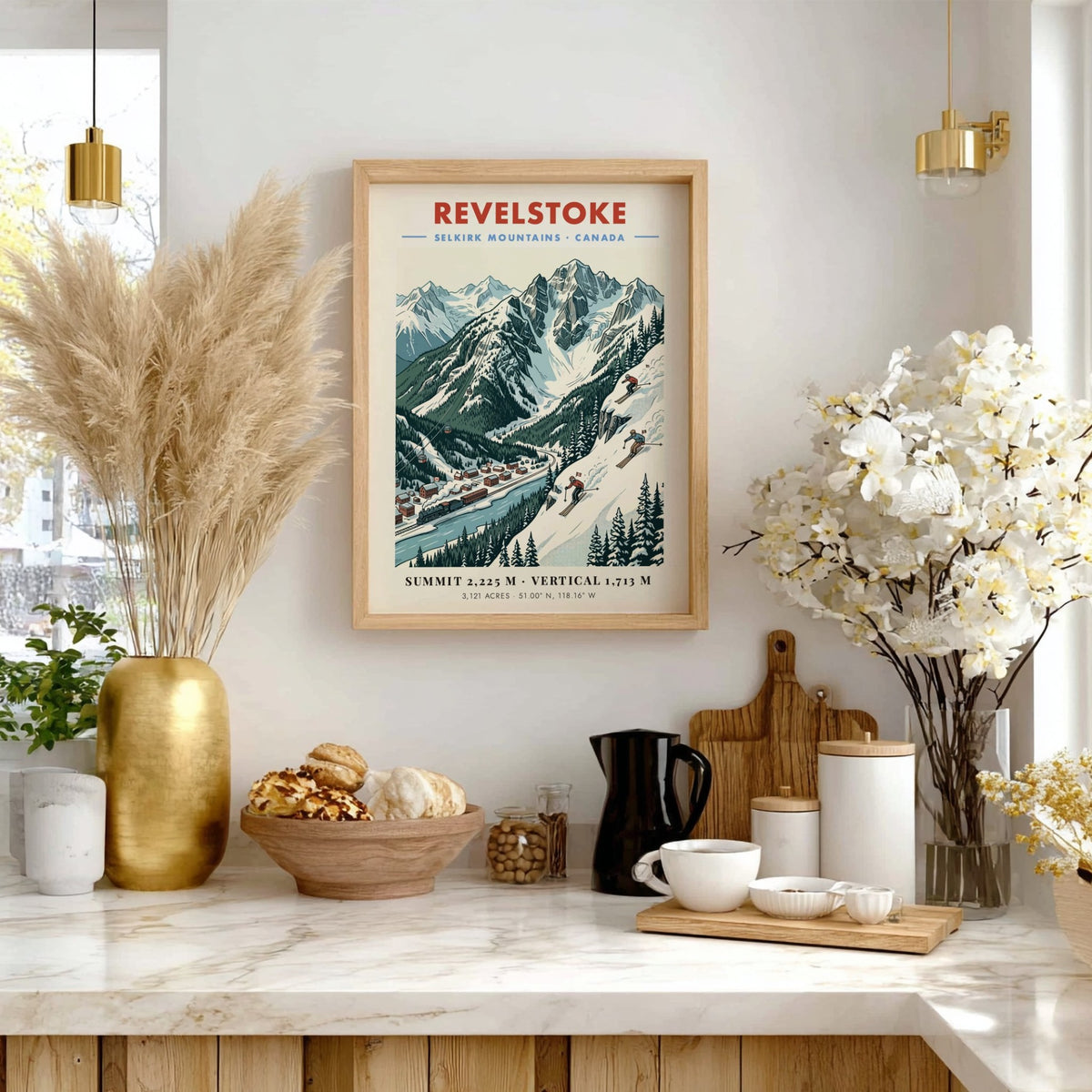 Poster of Revelstoke in the Selkirk Mountains showing a vintage train and skiers