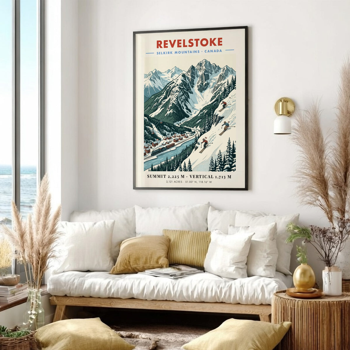 Poster of Revelstoke in the Selkirk Mountains showing a vintage train and skiers