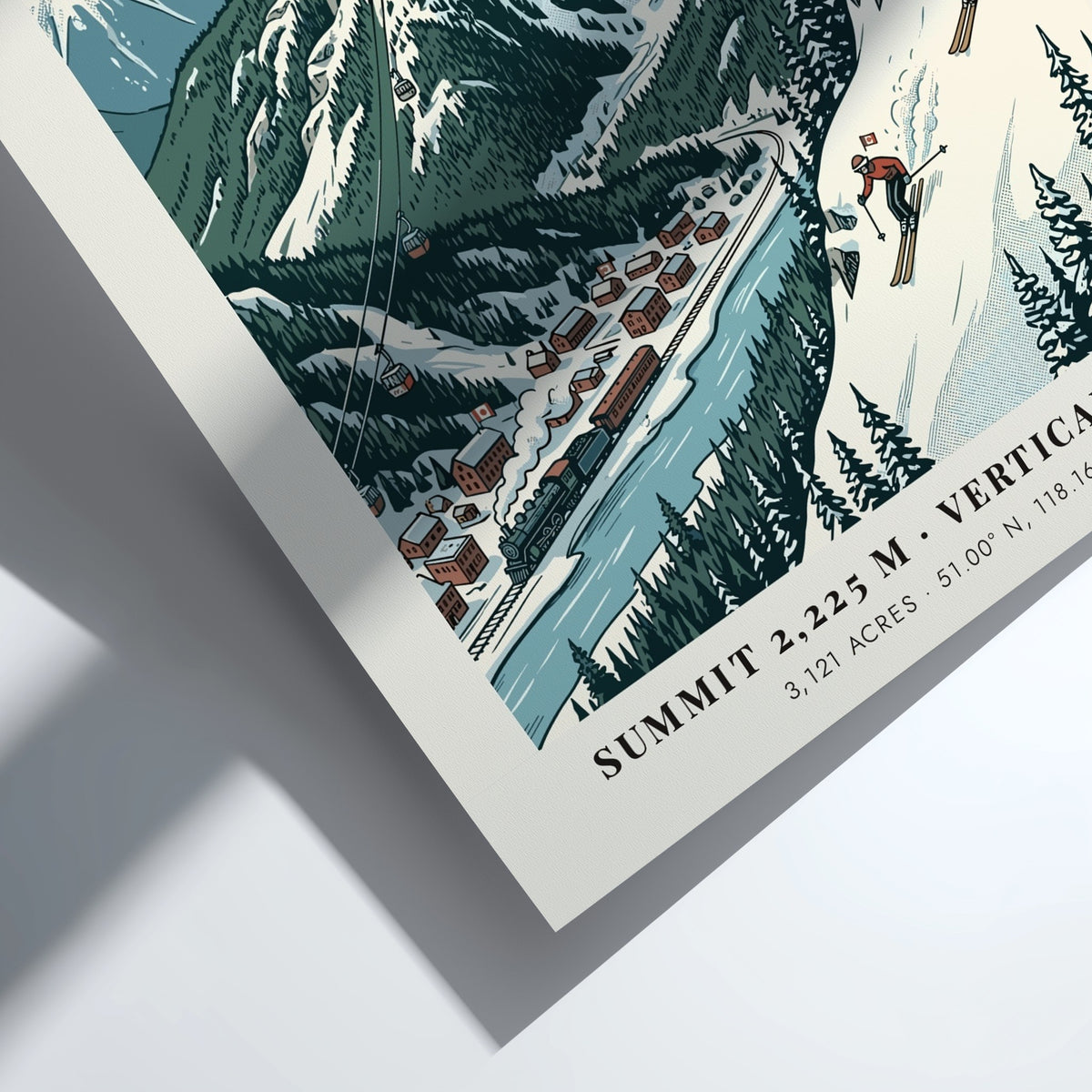 Poster of Revelstoke in the Selkirk Mountains showing a vintage train and skiers