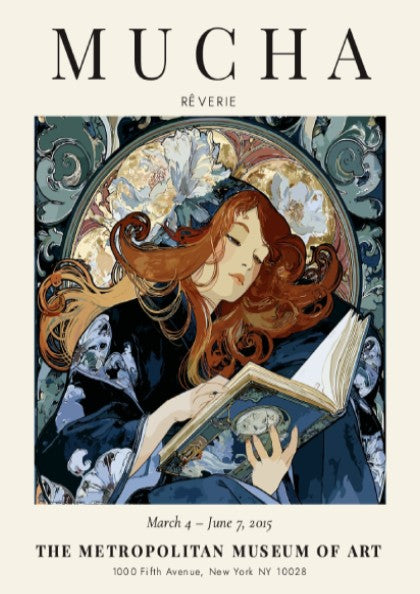 Reverie poster featuring Alphonse Mucha's art style with flowing lines and rich colors