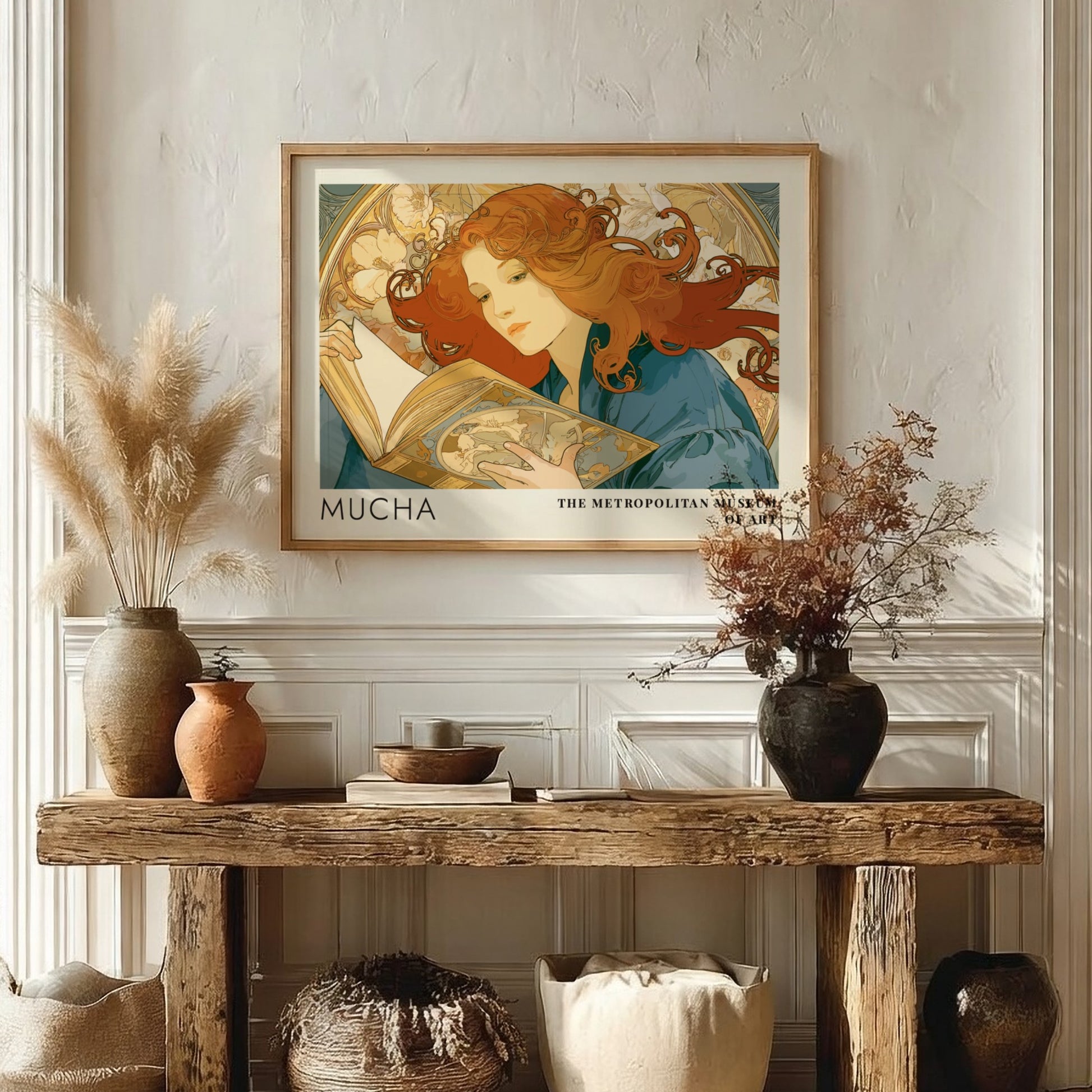 Wall art poster featuring Mucha Rêverie design with a woman reading amidst floral patterns.