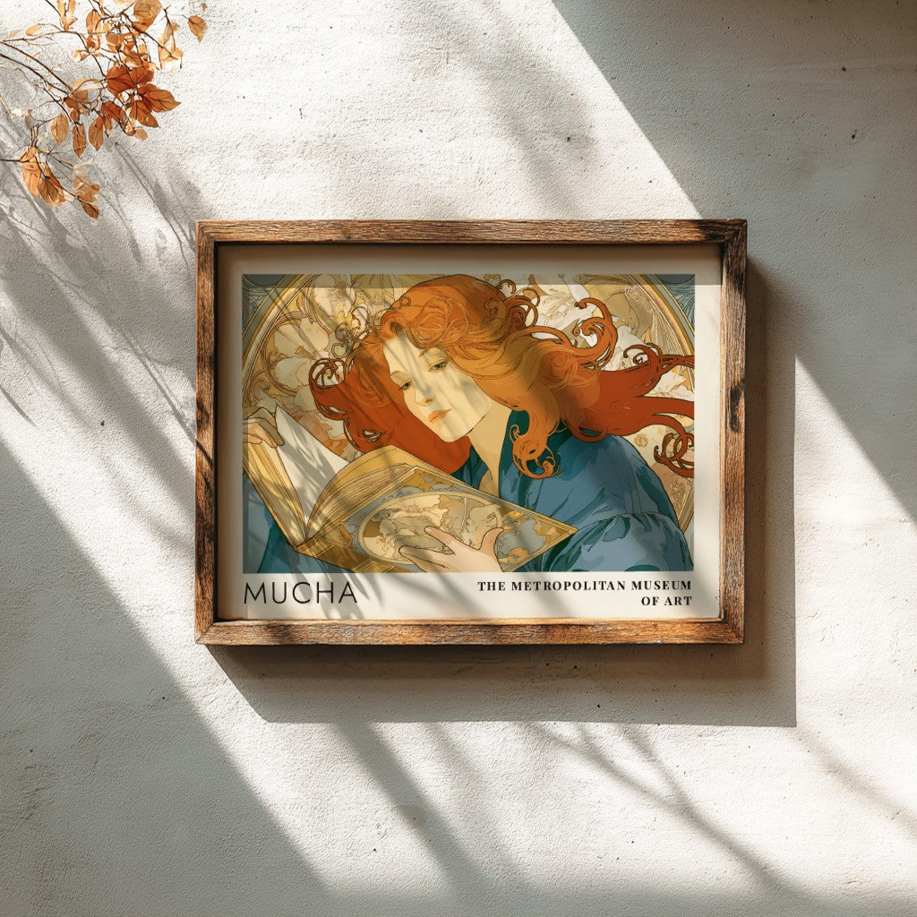 Wall art poster featuring Mucha Rêverie design with a woman reading amidst floral patterns.