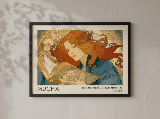 Wall art poster featuring Mucha Rêverie design with a woman reading amidst floral patterns.