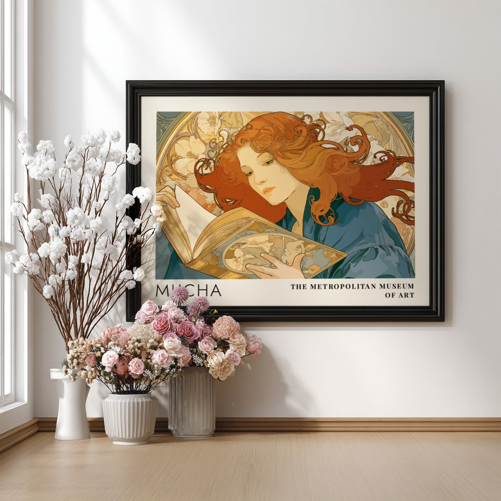 Wall art poster featuring Mucha Rêverie design with a woman reading amidst floral patterns.