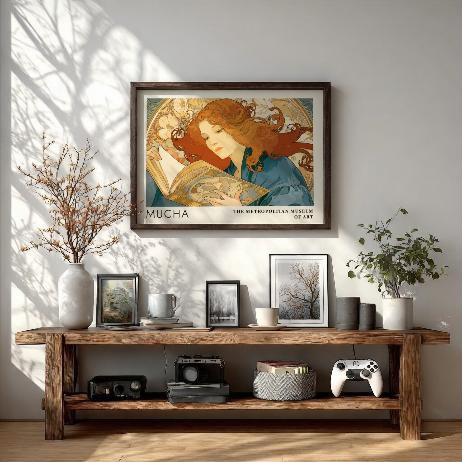 Wall art poster featuring Mucha Rêverie design with a woman reading amidst floral patterns.