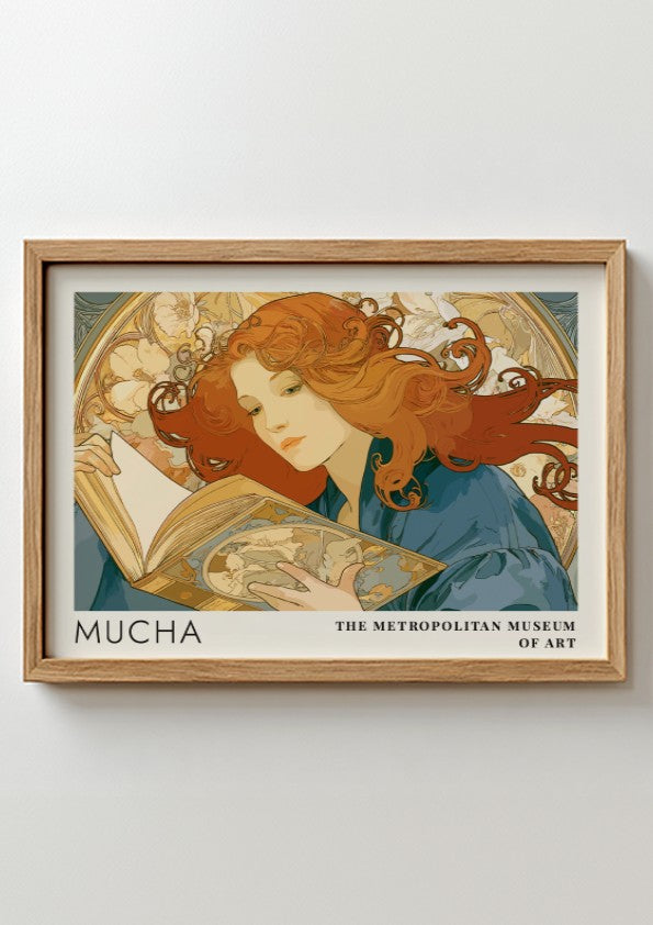 Wall art poster featuring Mucha Rêverie design with a woman reading amidst floral patterns.